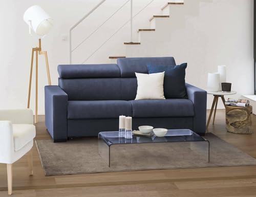 Talamo Italia - 3-Sitzer festes Sofa Susanna, Wohnzimmersofa aus gepolstertem Stoff, verstellbare Kopfstützen und schmale Armlehnen, 100 % Made in Italy, 200 x 95 x 85 cm, Blau von Dmora