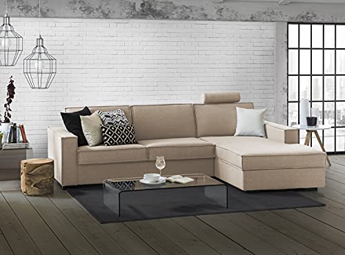 Talamo Italia Ecksofa Beatrice, Made in Italy, Drehbare Öffnung mit Matratze und Lattenrost, Halbinsel mit Stauraum links, mit Standardarmlehnen, Cm: 280x95h90, Farbe Beige von Talamo Italia