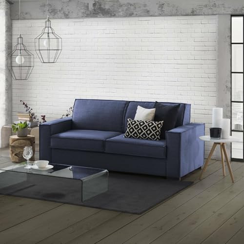 Talamo Italia - 3-Sitzer festes Sofa Alba, Wohnzimmersofa aus Stoff, schmale Armlehnen, 100 % Made in Italy, 200 x 95 x 90 cm, Blau von Dmora