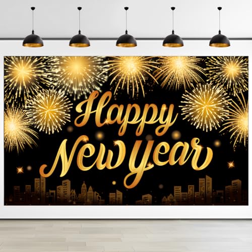 Silvester Deko 2025 Happy New Year Banner, Neujahrs Hintergrund Schwarz Gold, Extra Groß Stoff Banner, Deko Party für Neujahr Indoor und Outdoor Dekoration, 185x110cm Silvester Deko 2025 Happy New Year Banner, Neujahrs Hintergrund Schwarz Gold, Extra Groß Stoff Banner, Deko Party für Neujahr Indoor und Outdoor Dekoration, 185x110cm von TaleMoon