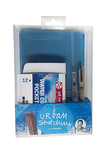 Talens Art Creation Urban Sketching Set (blau) mit Swasky, Box 12 Aquarell-Tabletten, Wasserbürsten, feine Spitze, Skizzenbuch, Schritt-für-Schritt-Handbuch von Talens Art Creation