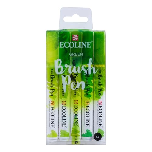 Ecoline Brush Pen-Set mit 5 flüssigen Aquarellstiften – Grüntöne | Mischbare Pinselstifte für Handlettering, Zeichnen und Basteln von Ecoline