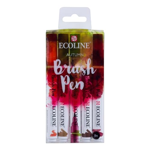 Ecoline Brush Pen-Set mit 5 flüssigen Aquarellstiften – Herbstfarbtöne | Mischbare Pinselstifte für Handlettering, Zeichnen und Basteln von Ecoline