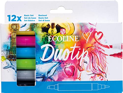 Ecoline Duotip flüssige Aquarellstifte 12er-Set – Grundfarben | Stifte mit feiner Kugelspitze und breiter Keilspitze von Ecoline