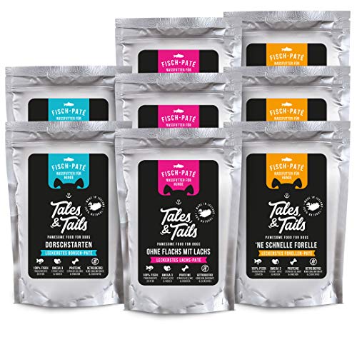 Tales & Tails Nassfutter für Hunde aus 100% isländischem Fisch | Perfekt für Allergiker Hunden | Getreidefreies Hundefutter | Probepaket mit 3 Sorten: Dorsch, Forelle, Lachs | 8x100g von Tales & Tails PAWESOME FOOD FOR PETS