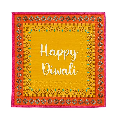 Diwali Paper Napkins | Recyclable Serviettes for Eid Celebration |Disposable Tableware for Bollywood Themed Party | Mandala/Henna/Rangoli Design Yellow, orange, pink - Premium Feel Pack of 20 von Talking Tables