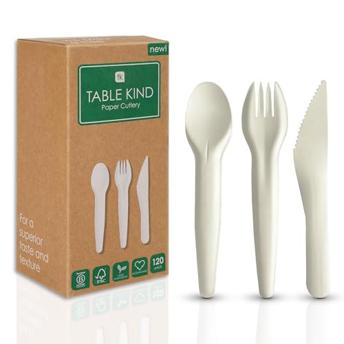 Table Kind 120 x Besteckset aus Papier in großen Mengen biologisch abbaubar Gabeln Messer Löffel Utensilien perfekt für Geburtstagspartys Camping Reisen Grillabende Catering von Talking Tables