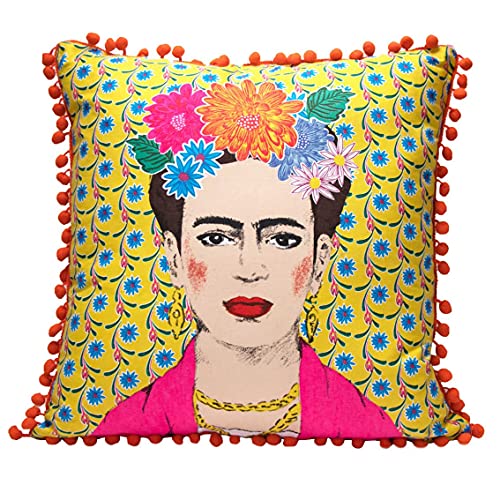 Talking Tables Frida Kahlo Kissen und Bezug mit Pom Poms Boho dekoratives Kissen für Wohnkultur, inspirierende Frauengeschenke, Schlafzimmer, Sofa, Stuhl, Boho-Cushion, Large gelb von Talking Tables