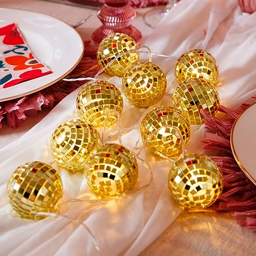 Talking Tables Goldfarbene Spiegel-Discokugel-Lichterkette für Außen- oder Innenbereich, warmes Licht, lustige Dekorationen, Geburtstag, Weihnachten oder NYE Party, Heimdekoration, LED, von Talking Tables