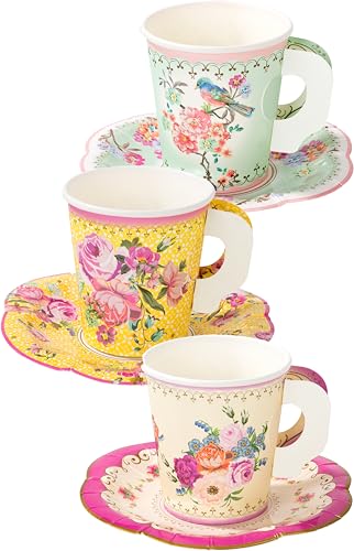 Talking Table Lot de 12 Gobelets en Papier Thème Floral, avec poignet et soucoupe, Vintage, 6 fluid_ounces , Multicolor von Talking Tables