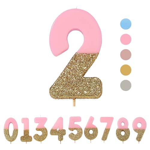 Talking Tables Pink Number 2 Birthday Candle with Gold Glitter | Premium Quality Cake Topper Decoration Pretty, Sparkly for Kids, Adults, 21st Party, Anniversary, Milestone Age, Wax, von Talking Tables