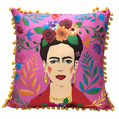 Talking Tables Rosa Frida Kahlo Kissen und Bezug mit Pom Poms | Boho dekoratives Kissen für Wohnkultur, inspirierende Frauengeschenke, Schlafzimmer, Sofa, Stuhl, Large, Null, Boho-Cushion von Talking Tables