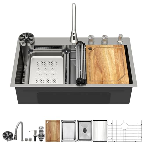 Talllor TLWF-0026 Luxus-Wasserfall-Küchenspüle, 83 x 55 cm, multifunktionaler Arbeitsplatz, Edelstahl, 16 Gauge, Einzelschüssel, All-in-One Dual-Wasserfall-Spülen, 83 x 55 cm Talllor TLWF-0026 Luxus-Wasserfall-Küchenspüle, 83 x 55 cm, multifunktionaler Arbeitsplatz, Edelstahl, 16 Gauge, Einzelschüssel, All-in-One Dual-Wasserfall-Spülen, 83 x 55 cm von Talllor