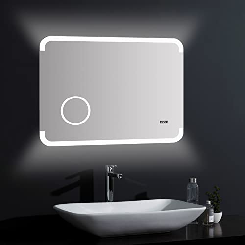 Talos LED Badspiegel Harmony - 80 x 60 cm - hinterleuchtetem Raumlicht - beleuchteter Kosmetikspiegel mit 3-Fach Vergrößerung - Digitaluhr - hochwertiger Aluminiumrahmen von Talos