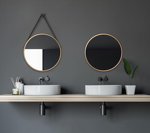 Talos Golden Style Wandspiegel Ø 50 cm – runder Badspiegel in Gold mit Lederoptik Aufhängung – hochwertiger Aluminiumrahmen, vielseitig einsetzbar, auch ohne Gurt aufhängbar. von Talos