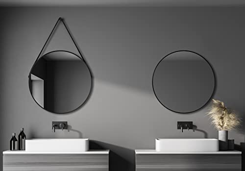 Talos runder Spiegel - Dekospiegel Ø 80 cm - Rundspiegel schwarz matt - Aufhängegurt in Lederoptik - Badspiegel - hochwertiger Aluminiumrahmen von Talos