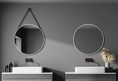 Talos White Style Spiegel rund Ø 80 cm – runder Wandspiegel in matt weiß – Badspiegel rund mit hochwertigen Aluminiumrahmen – Badezimmerspiegel mit trendigem Aufhängeband von Talos