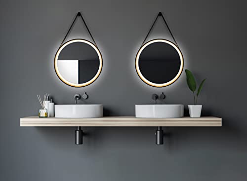 Talos Golden Summer runder Spiegel Ø 55 cm - Wandspiegel mit Aufhängeband in Lederoptik - Rundspiegel im trendigen Design - Spiegel schwarz mit Lichtumrahmung - runder Badspiegel mit Beleuchtung von Talos