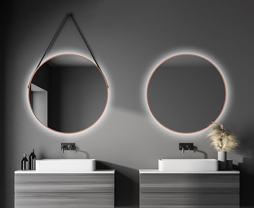 Talos Badspiegel kupfer rund Ø 80 cm – runder Wandspiegel in kupfer – Badspiegel rund mit hochwertigen Aluminiumrahmen – Badezimmerspiegel mit indirekter LED-Beleuchtung von Talos