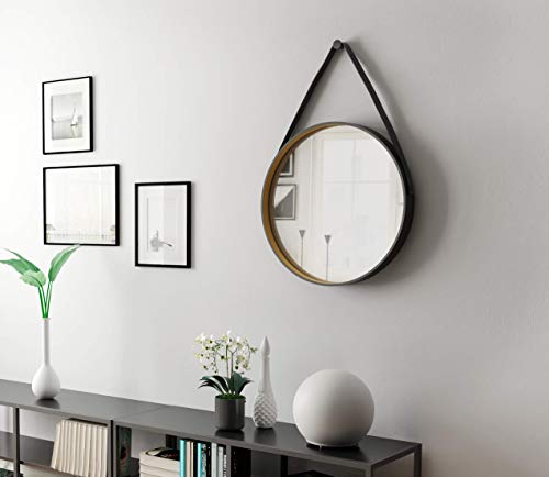 Talos Golden Style runder Spiegel Ø 55 cm - Wandspiegel mit Aufhängeband in Lederoptik - Rundspiegel im trendigen Design - Spiegel schwarz mit hochwertiger Aluminiumrahmen von Talos