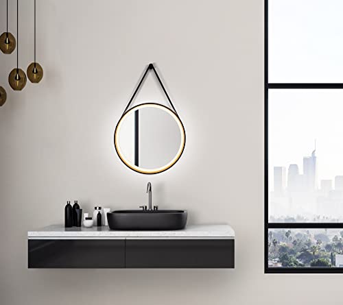 Talos Golden Summer runder Spiegel Ø 55 cm - Wandspiegel mit Aufhängeband in Lederoptik - Rundspiegel im trendigen Design - Spiegel schwarz mit Lichtumrahmung - runder Badspiegel mit Beleuchtung von Talos