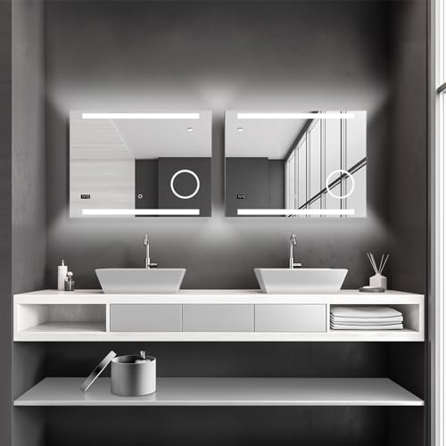 Talos King Badspiegel mit Beleuchtung – LED Badezimmerspiegel 80x60 cm – Wandspiegel mit beleuchteten Kosmetikspiegel – Spiegel mit Lichtfarbe neutralweiß – Lichtspiegel mit Digitaluhr von Talos