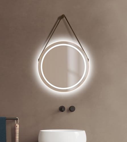 Talos LED Badspiegel Rund CORVIA Shine in matt Gold Ø50 cm - Spiegel rund mit hochwertigem Band in Lederoptik - feuchtraumgeeignet durch Aluminiumrahmen von Talos