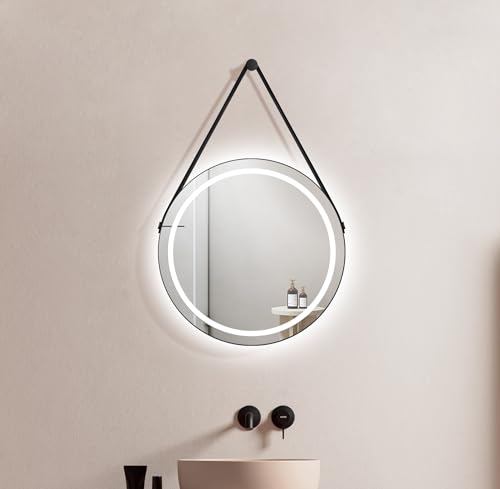 Talos LED Badspiegel Rund CORVIA Shine in matt Schwarz Ø50 cm - Spiegel rund mit hochwertigem Band in Lederoptik - feuchtraumgeeignet durch Aluminiumrahmen von Talos