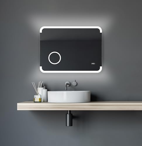 Talos LED Badspiegel mit Beleuchtung Harmony - 80 x 60 cm - hinterleuchtetem Raumlicht - beleuchteter Kosmetikspiegel mit 3-Fach Vergrößerung - Digitaluhr - hochwertiger Aluminiumrahmen Talos LED Badspiegel mit Beleuchtung Harmony - 80 x 60 cm - hinterleuchtetem Raumlicht - beleuchteter Kosmetikspiegel mit 3-Fach Vergrößerung - Digitaluhr - hochwertiger Aluminiumrahmen von Talos