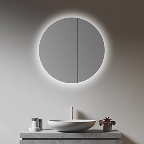 Talos runder Spiegelschrank mit Beleuchtung Ø 60 cm – Badezimmer Spiegelschrank mit hochwertigem Aluminium Korpus – Bad Spiegelschrank mit 2 Glaseinlegeböden und LED Licht von Talos