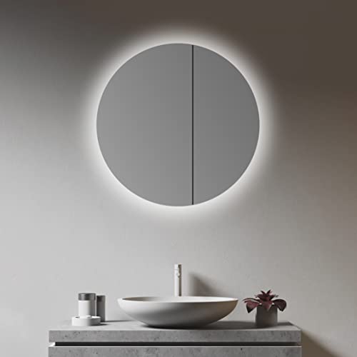 Talos Spiegelschrank Bad mit Beleuchtung rund Ø 60 cm - Badezimmer Spiegelschrank mit hochwertigem Aluminium Korpus - Bad Spiegelschrank mit Zwei Glaseinlegeböden von Talos