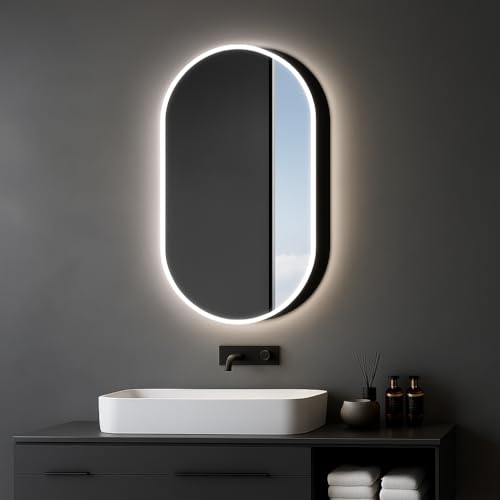Talos Spiegelschrank mit Beleuchtung Oval Vento 45x80 cm schwarz - Spiegelschrank Bad mit 2 Ablageflächen - Aluminium - Rückwand verspiegelt von Talos