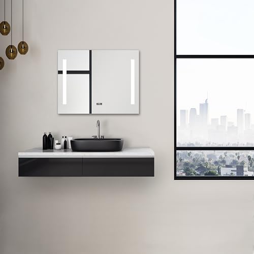 Talos Star LED Badspiegel 80x60 cm mit Beleuchtung – Wandspiegel mit neutralweißem LED-Lichtausschnitt – Lichtspiegel mit Digitaluhr und Kippschalter – Beleuchteter Badezimmerspiegel für Bad von Talos