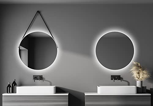 Talos White matt Spiegel rund Ø 80 cm – runder Wandspiegel in matt weiß – Badspiegel rund mit hochwertigen Aluminiumrahmen – Badezimmerspiegel mit trendigem Aufhänge Band in Lederoptik von Talos