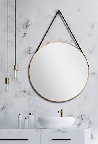 Talos golden Style Spiegel rund Ø 80 cm – runder Wandspiegel in matt Gold – Badspiegel rund mit hochwertigen Aluminiumrahmen – Badezimmerspiegel mit trendigem Aufhänge Band in Lederoptik von Talos