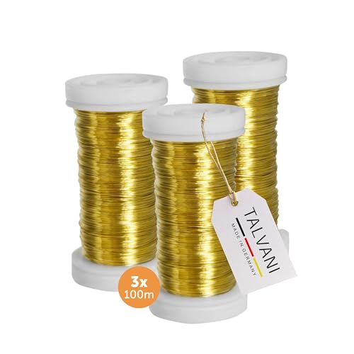TALVANI Blumendraht [Grün | Gold], 100m x 0,35mm, Bindedraht für Garten, Floristik und DIY-Projekte, Stabil und Flexibel - [3er| 5er] Stück Myrthendraht (3, Gold, 3er) von Talvani