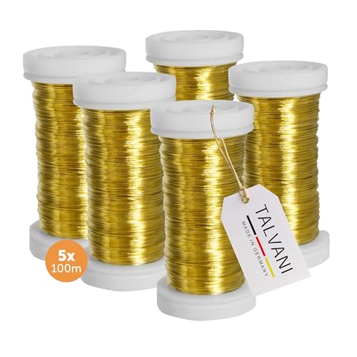 TALVANI Blumendraht [Grün | Gold], 100m x 0,35mm, Bindedraht für Garten, Floristik und DIY-Projekte, Stabil und Flexibel - [3er| 5er] Stück Myrthendraht (5, Gold, 5er) von Talvani
