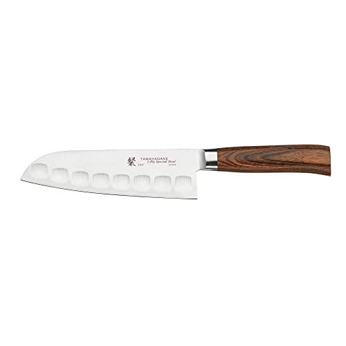 Tamahagane SAN Santoku-Messer, Edelstahl, laminiertes Holz, geriffelt, 11,4 cm von Tamahagane