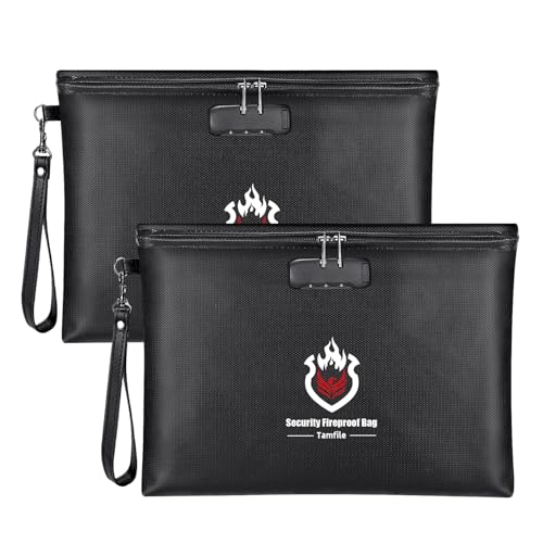 Tamfile 2 Stück 37 x 26cm Feuerfeste Tasche, Feuerfeste wasserdichte Dokumententasche mit Schloss, Große Kapazität Aktentasche für A4 Dokumente, Tablet, Passport, Bankdatei, Geld, Wertsachen, Schwarz von Tamfile