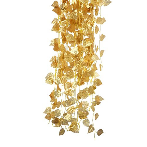 Tanant 12 Stück künstliche Goldblätter, künstliche goldene Rattan-Efeublätter, künstliche Blumenranke, lebensechte Blätter, goldene Blattgirlande, künstliche Pflanzen, zum Aufhängen, 2,2 m von Tanant