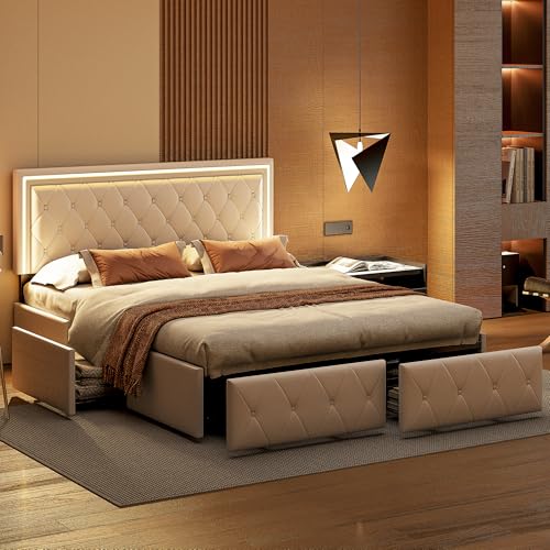 Doppelbett Polsterbett 140 x 200cm mit 4 Stauraum Schubladen, PU-Oberfläche, Kopfteil mit LED, Stauraumbett Schubladenbett Gästebett Jugendbett Bettgestell mit Lattenrost Doppelbett Polsterbett 140 x 200cm mit 4 Stauraum Schubladen, PU-Oberfläche, Kopfteil mit LED, Stauraumbett Schubladenbett Gästebett Jugendbett Bettgestell mit Lattenrost von Tanant