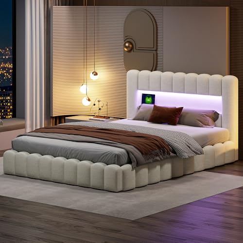 Polsterbett 140x200 cm,Doppelbett Stauraumbett mit Lattenrost und Stauraum, Bettrahmen mit LED, Funktionsbetten,Bett für Erwachsene und Jugendliche, Ohne Matratze (Beige + LED + USB, 140*200cm) von Tanant