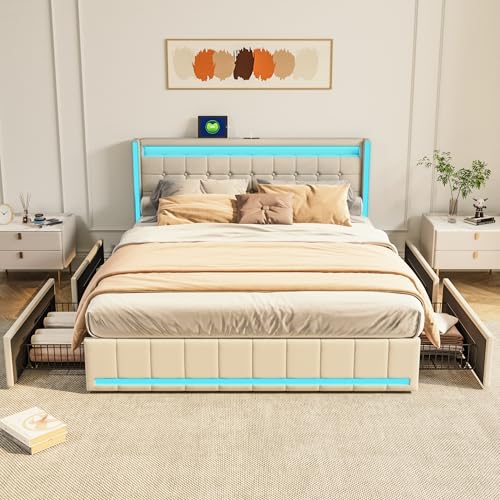 Polsterbett 160x200 cm mit LED und USB, Doppelbett mit 4 Schubladen, Stauraumbett Jugendbett Rückenlehne Bettgestell ,Bett Jugendbett Bettgestell, Ohne Matratze (Beige + Leinen + USB, 160*200cm) von Tanant