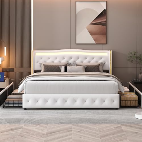 Tanant Polsterbett 140x200 cm, mit 4 Schubladen,Bett mit LED Beleuchtung, Stauraumbetten, Kopfteil mit Stauraum und USB-Anschlüssen, LED Bett (Weiß+PU+4 Schubladen, 140x200cm) von Tanant