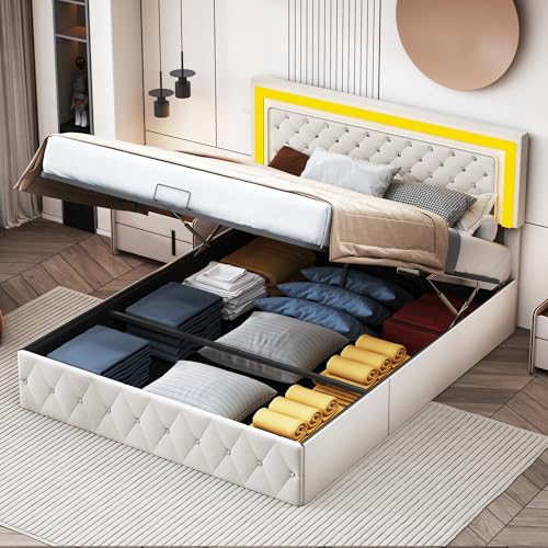 Tanant Polsterbett Doppelbett 140x200cm,LED Doppelbett mit Stauraum Underbett,Polsterbett mit Kopfteil und Lattenrost,Funktionsbetten Jugendbett (Beige + Samt, 140 * 200CM) von Tanant