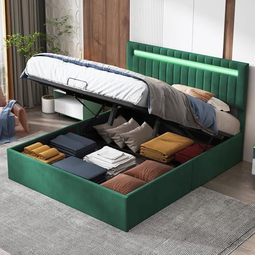 Tanant Polsterbett Doppelbett 160x200cm, Doppelbett Stauraumbett mit Stauraum und LED-Beleuchtung, Hydraulisch Bett Bettgestell mit Kopfteil, Lattenrost (Grün + LED, 160 * 200CM) von Tanant