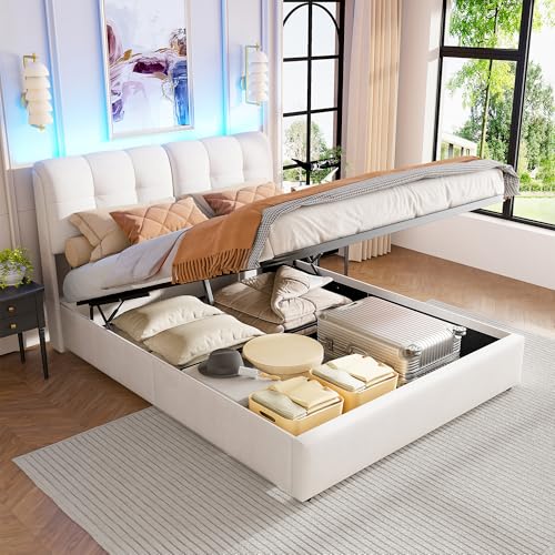 Tanant Polsterbett Doppelbett 160x200cm,LED Doppelbett mit Stauraum Underbett,Polsterbett mit Kopfteil und Lattenrost,Funktionsbetten Jugendbett(Offenes Weiß + quadratisch, 160 * 200CM) von Tanant