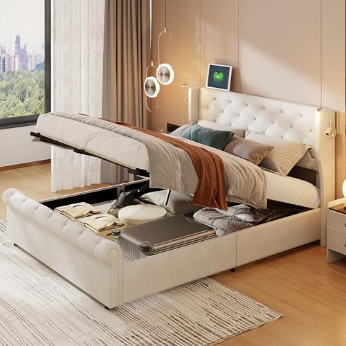 Tanant Bett 140 x 190 cm, mit Aufbewahrung,Polsterbett Doppelbett aus Samt,Stauraumbett mit Lattenrost, Jugendbett Rückenlehne Bett, Ohne Matratze (Beige + Samt + Nachttischlampe- 140 * 190cm) von Tanant