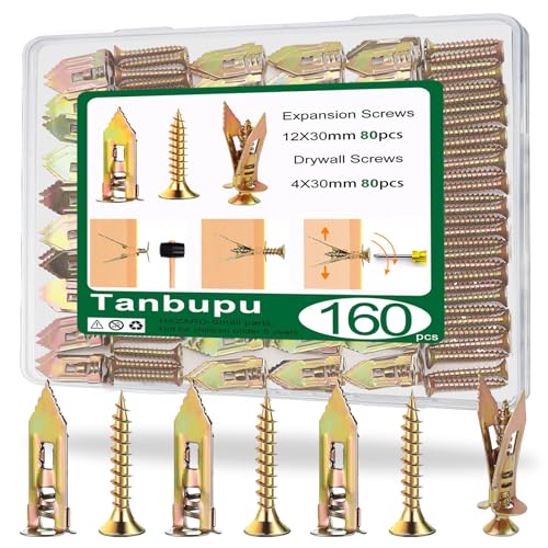 Tanbupu 160 Stück selbstbohrende Trockenbaudübel mit Schrauben, 2025, verbesserte verzinkte Stahl-Hohlwanddübel (1,2 x 4,5 cm) und Schrauben, einfache Anwendung, kein Bohren oder Löcher in der Wand von Tanbupu
