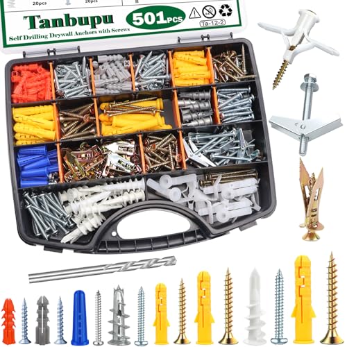 Tanbupu 501 Stück Trockenbaudübel und Knebelschrauben mit Schrauben-Set, 250 Stück Trockenwanddübel und 250 Stück Dehnschrauben (2025 verbessert), Blechdübel in 11 Größen, Schrauben-Set für von Tanbupu